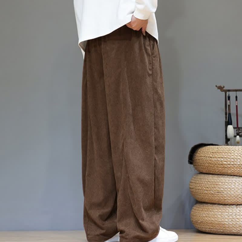 Buddha Stones Fall Winter Simple Drawstring Solid Ankle Pants Corduroy Men's Straight Leg Pants With Pockets - image 3