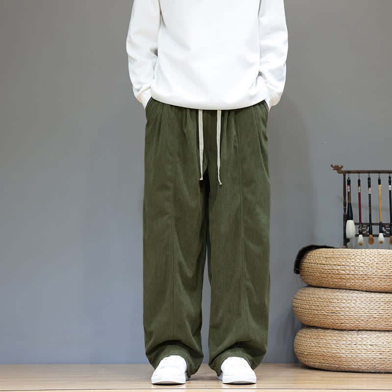 Buddha Stones Fall Winter Simple Drawstring Solid Ankle Pants Corduroy Men's Straight Leg Pants With Pockets - DarkOliveGreen - US/UK/AU46, EU56 (5XL) - image 26