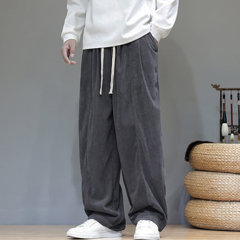 Buddha Stones Fall Winter Simple Drawstring Solid Ankle Pants Corduroy Men's Straight Leg Pants With Pockets - image 13