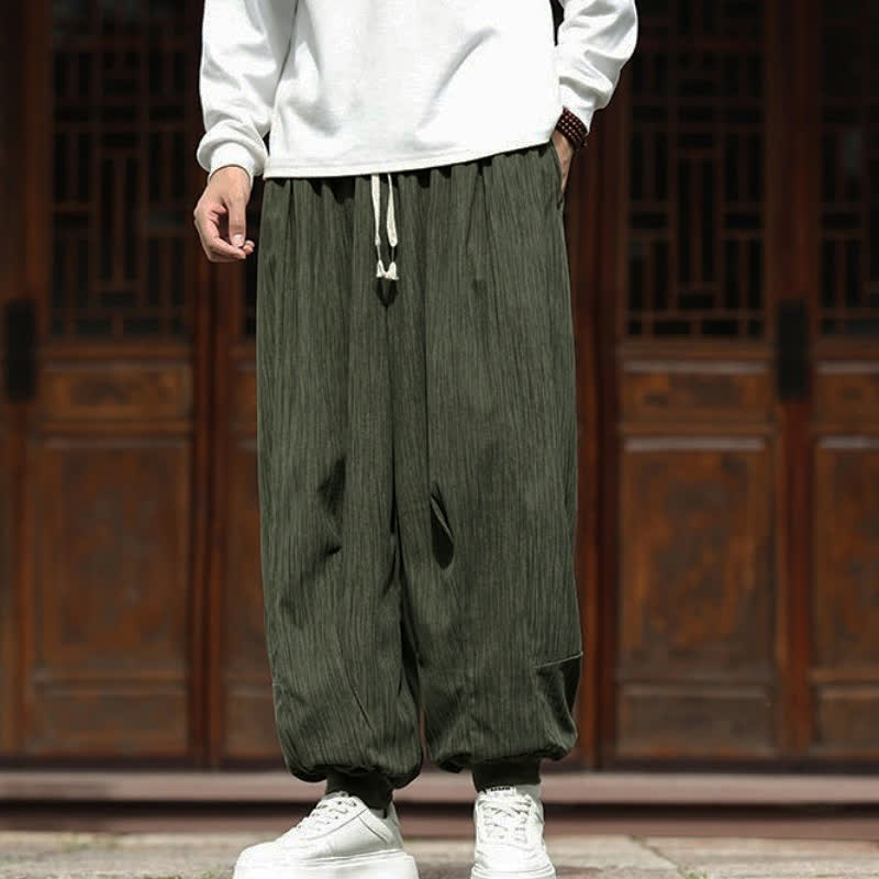 Buddha Stones Fall Winter Casual Boho Drawstring Solid Cropped Pants Corduroy Men's Harem Pants With Pockets - image 36