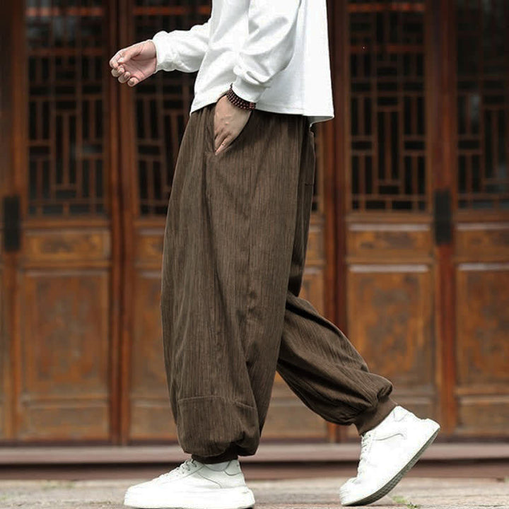 Buddha Stones Fall Winter Casual Boho Drawstring Solid Cropped Pants Corduroy Men's Harem Pants With Pockets - image 7