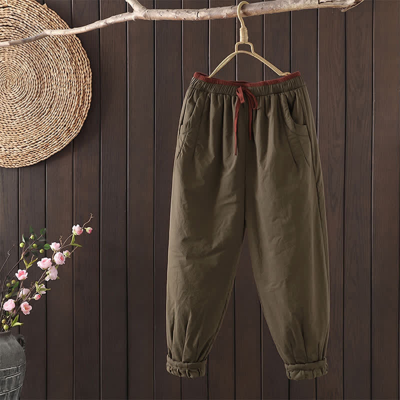 Buddha Stones Fall Winter Casual Elastic Waist Drawstring Solid Cropped Pants Women's Tapered Pants With Pockets - Tan - US12, UK/AU16, EU44 (3XL) - image 6