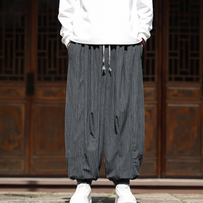Buddha Stones Fall Winter Casual Boho Drawstring Solid Cropped Pants Corduroy Men's Harem Pants With Pockets - Gray - US/UK/AU46, EU56 (5XL) - image 9
