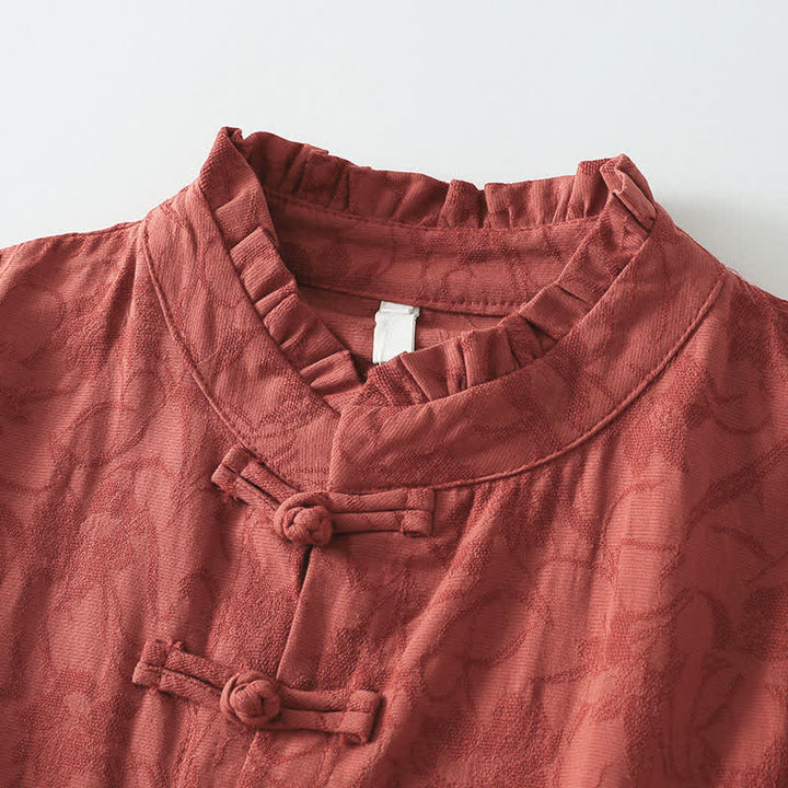 Buddha Stones Fall Tang Style Elegant Mandarin Collar Frog Button Red Women's Long Sleeve Dress With Pockets - image 2