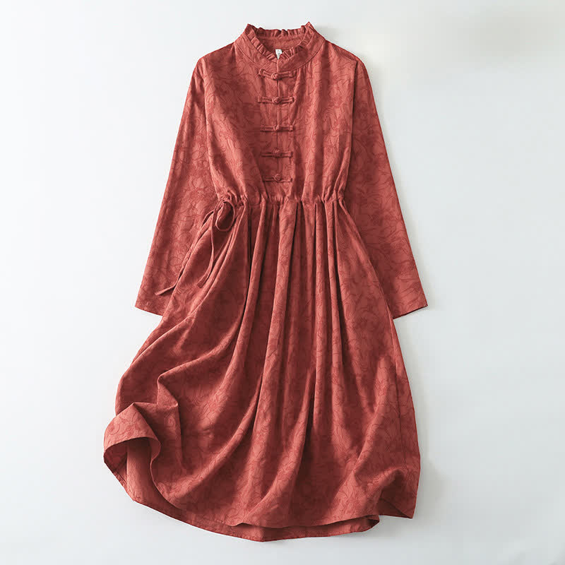 Buddha Stones Fall Tang Style Elegant Mandarin Collar Frog Button Red Women's Long Sleeve Dress With Pockets - Tomato - US8-10, UK/AU12-14, EU40-42 (2XL) - image 0