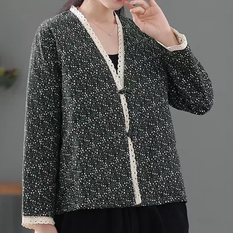 Buddha Stones Fall Winter Casual Vintage Button-Up V-Neck Dot Pattern Women's Jacket - image 11