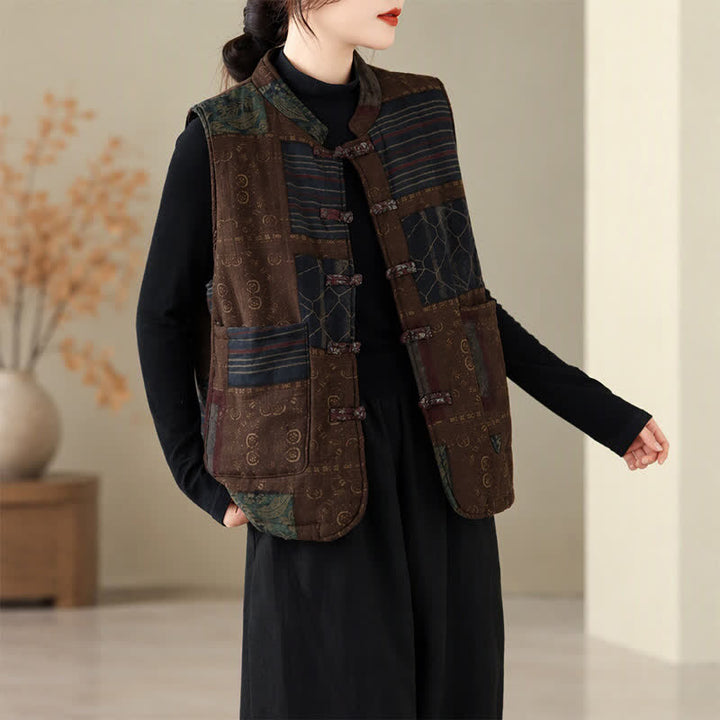 Buddha Stones Fall Winter Vintage Tang Style Mandarin Collar Patchwork Design Tank Top Women's Vest With Pockets - image 2