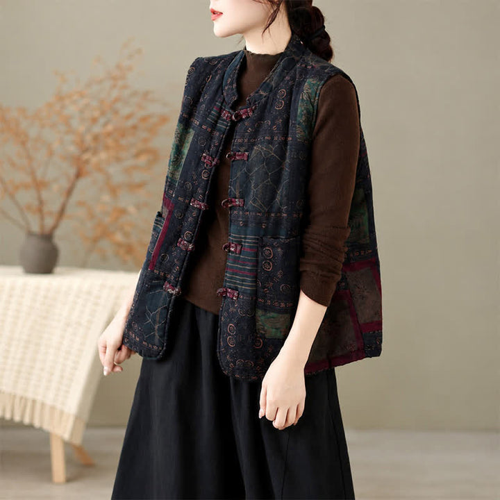 Buddha Stones Fall Winter Vintage Tang Style Mandarin Collar Patchwork Design Tank Top Women's Vest With Pockets - image 18