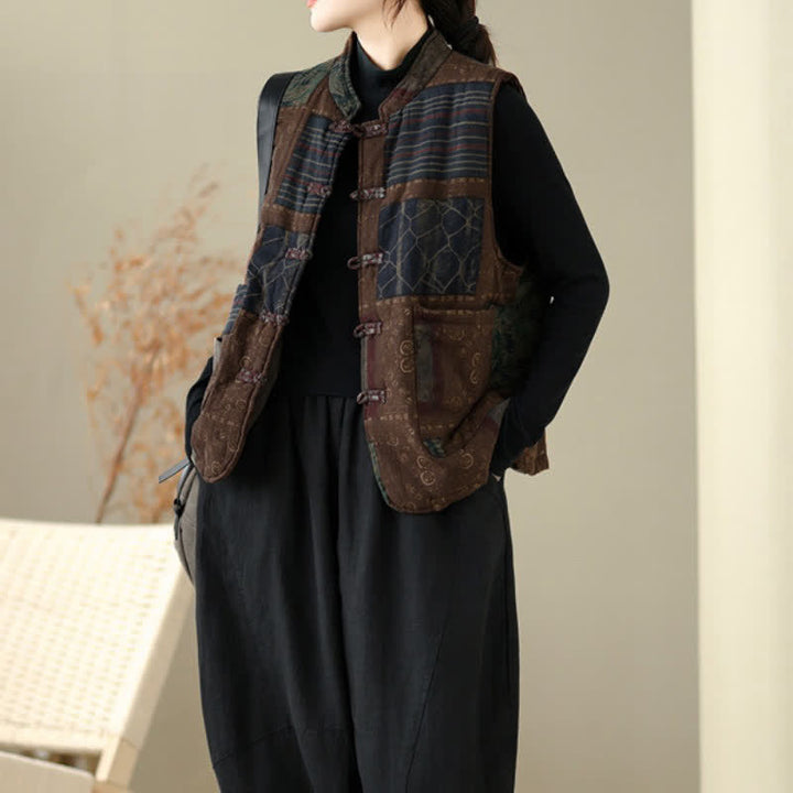 Buddha Stones Fall Winter Vintage Tang Style Mandarin Collar Patchwork Design Tank Top Women's Vest With Pockets - image 6