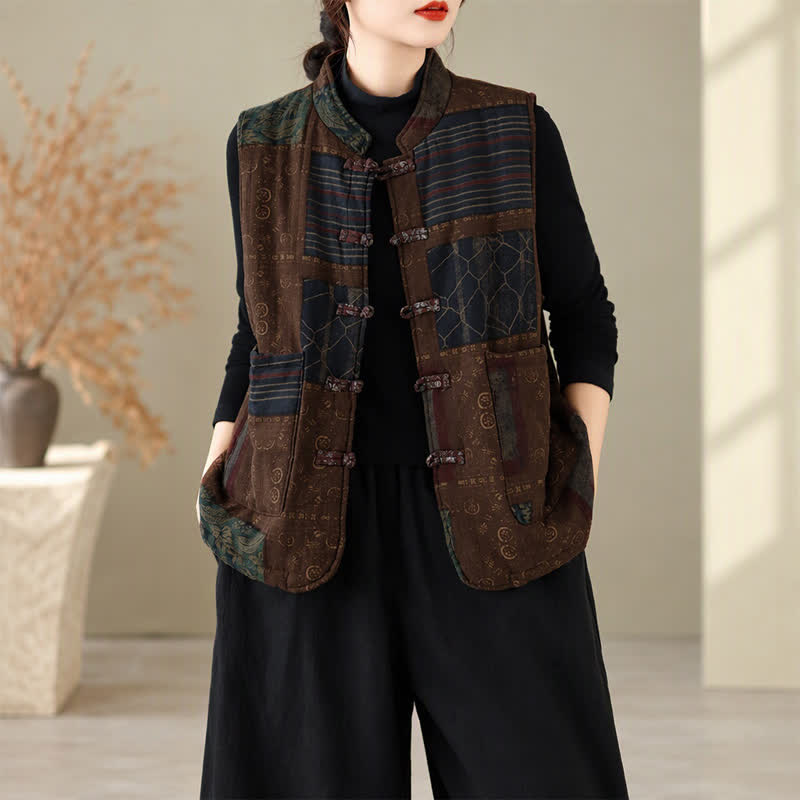 Buddha Stones Fall Winter Vintage Tang Style Mandarin Collar Patchwork Design Tank Top Women's Vest With Pockets - image 1