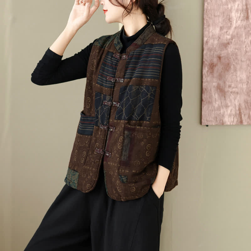 Buddha Stones Fall Winter Vintage Tang Style Mandarin Collar Patchwork Design Tank Top Women's Vest With Pockets - image 4