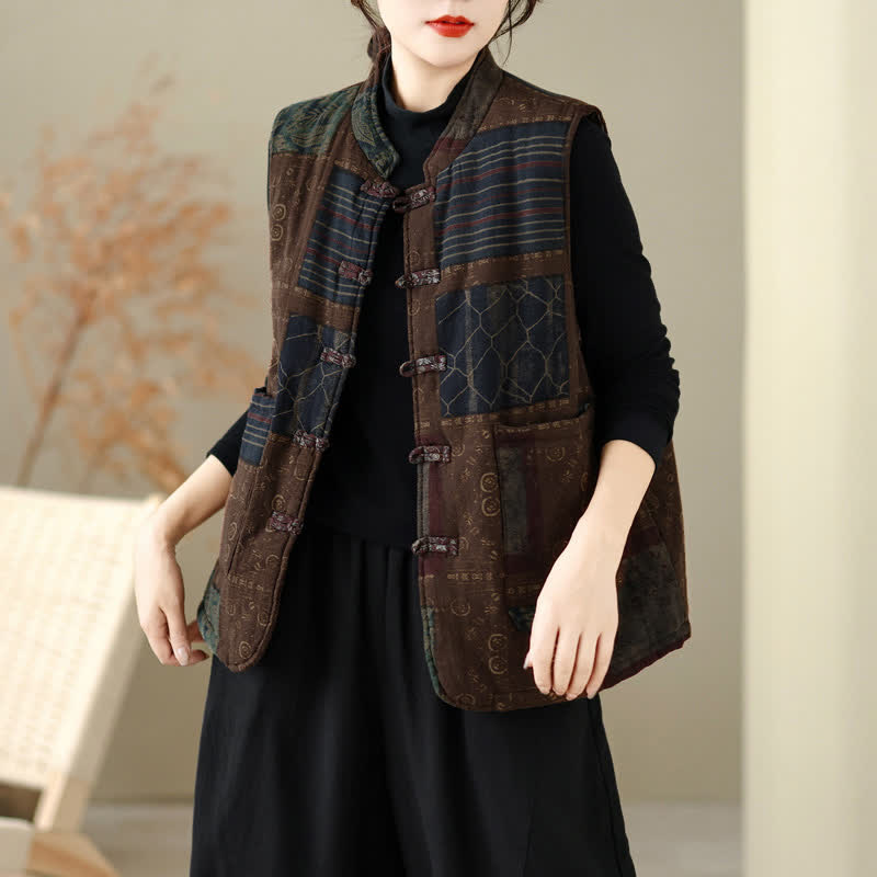 Buddha Stones Fall Winter Vintage Tang Style Mandarin Collar Patchwork Design Tank Top Women's Vest With Pockets - image 5