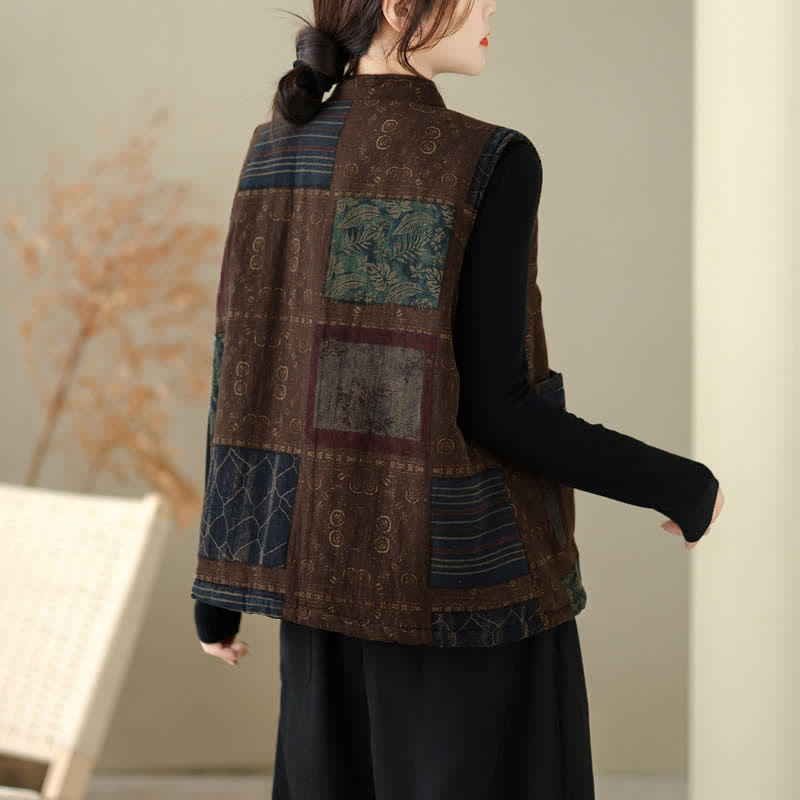 Buddha Stones Fall Winter Vintage Tang Style Mandarin Collar Patchwork Design Tank Top Women's Vest With Pockets - image 3