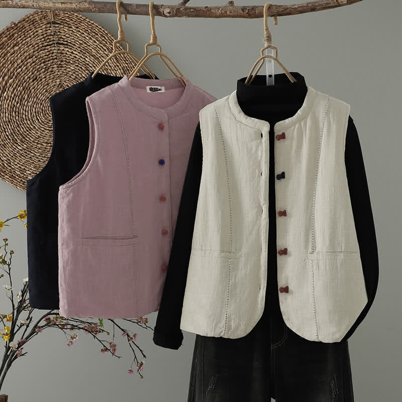 Buddha Stones Fall Winter Casual Tang Style Mandarin Collar Solid Tank Top Women's Vest With Pockets - image 0