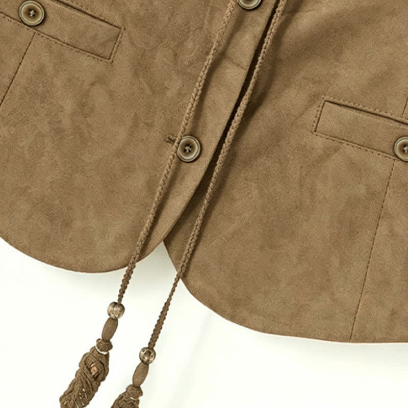 Buddha Stones Fall Vintage Casual Button-Up Drawstring V-Neck Solid Cotton Tank Top Women's Vest - image 16