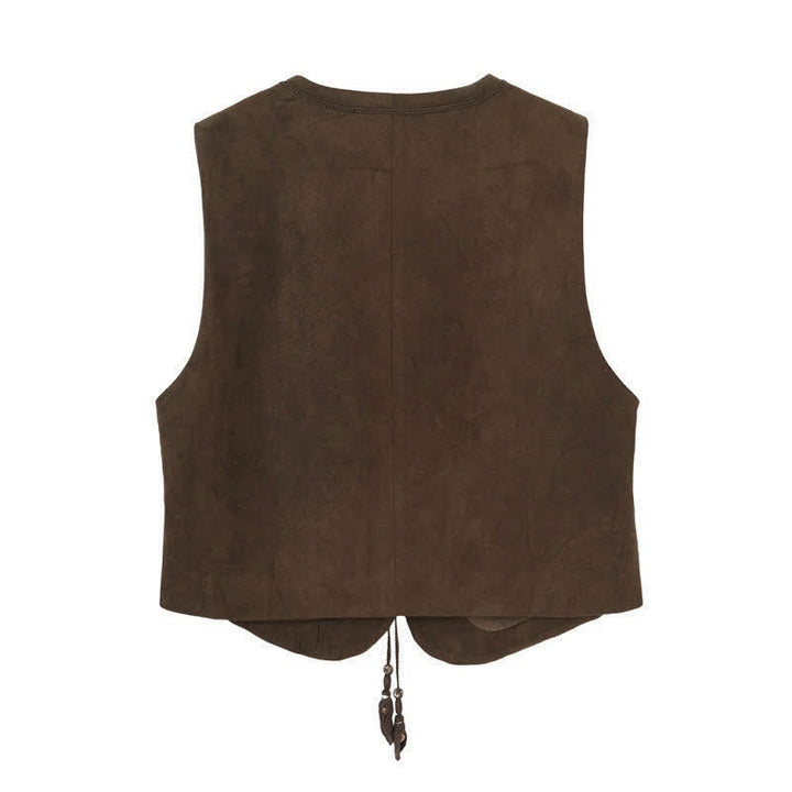 Buddha Stones Fall Vintage Casual Button-Up Drawstring V-Neck Solid Cotton Tank Top Women's Vest - image 2