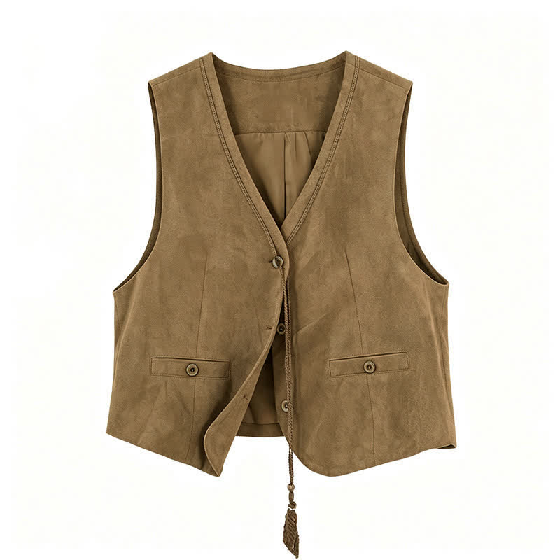Buddha Stones Fall Vintage Casual Button-Up Drawstring V-Neck Solid Cotton Tank Top Women's Vest - Tan - US8-10, UK/AU12-14, EU40-42 (2XL) - image 10