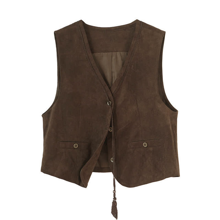 Buddha Stones Fall Vintage Casual Button-Up Drawstring V-Neck Solid Cotton Tank Top Women's Vest - SaddleBrown - US8-10, UK/AU12-14, EU40-42 (2XL) - image 0
