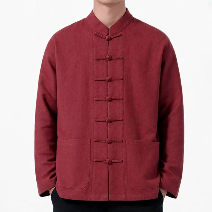 Buddha Stones Spring Fall Tang Style Frog Button Solid Cotton Linen Men's Long Sleeve Shirts With Pockets - image 25