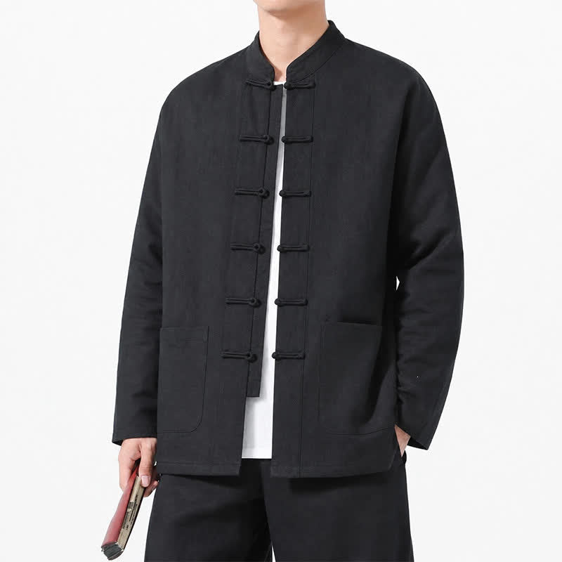Buddha Stones Spring Fall Tang Style Frog Button Solid Cotton Linen Men's Long Sleeve Shirts With Pockets - Black - US/UK/AU46, EU56 (5XL) - image 13