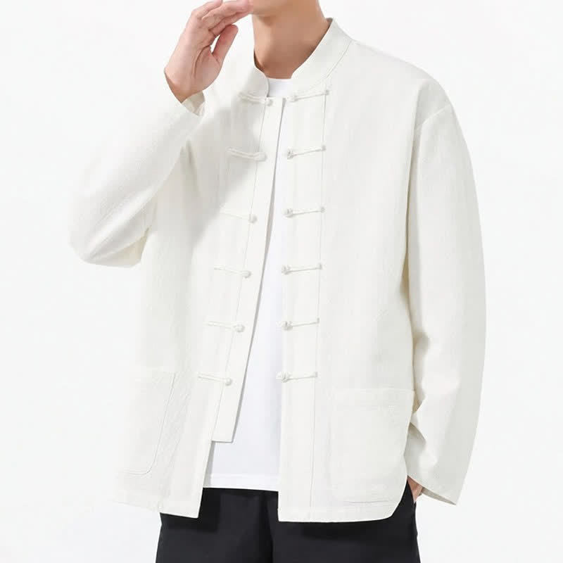 Buddha Stones Spring Fall Tang Style Frog Button Solid Cotton Linen Men's Long Sleeve Shirts With Pockets - image 43