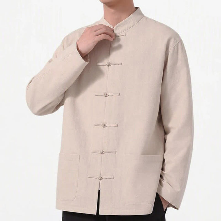 Buddha Stones Spring Fall Tang Style Frog Button Solid Cotton Linen Men's Long Sleeve Shirts With Pockets - image 27