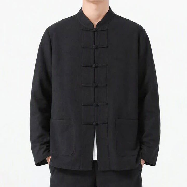 Buddha Stones Spring Fall Tang Style Frog Button Solid Cotton Linen Men's Long Sleeve Shirts With Pockets - image 14