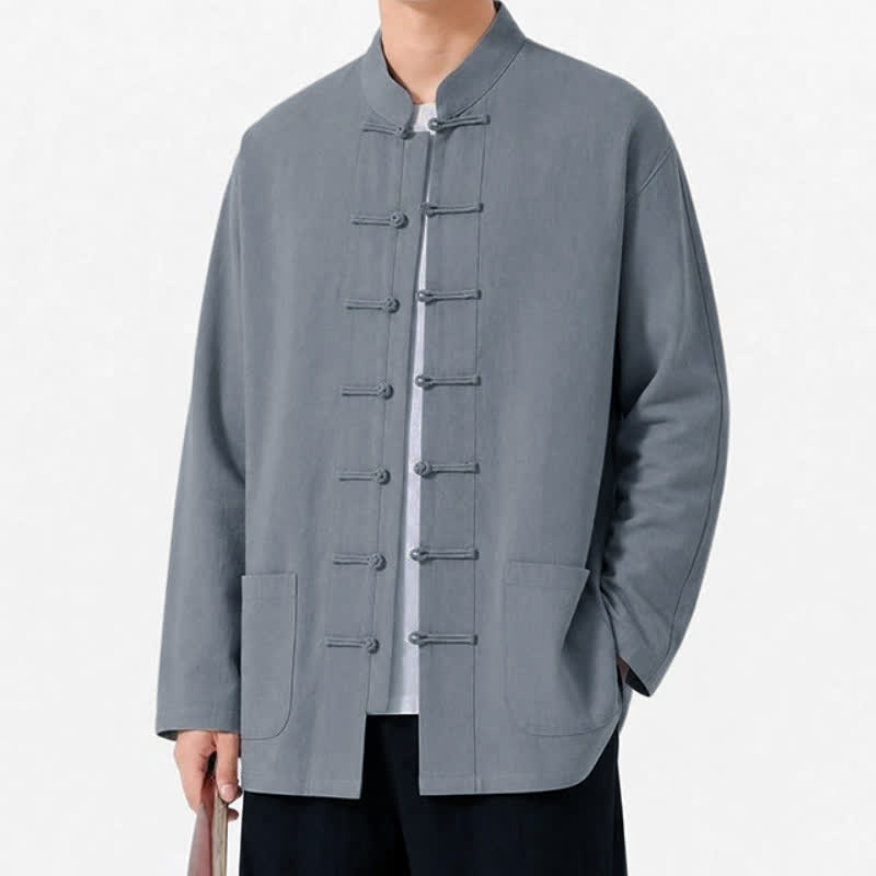 Buddha Stones Spring Fall Tang Style Frog Button Solid Cotton Linen Men's Long Sleeve Shirts With Pockets - image 9