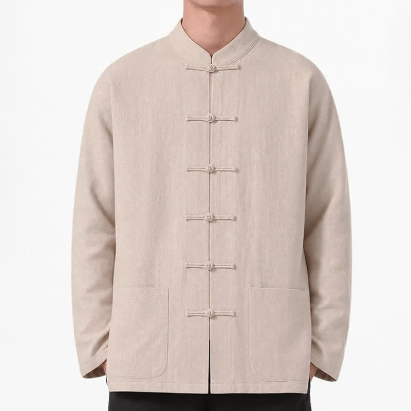 Buddha Stones Spring Fall Tang Style Frog Button Solid Cotton Linen Men's Long Sleeve Shirts With Pockets - image 29