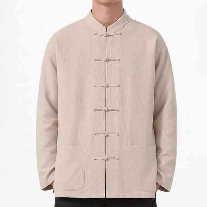 Buddha Stones Spring Fall Tang Style Frog Button Solid Cotton Linen Men's Long Sleeve Shirts With Pockets - image 29