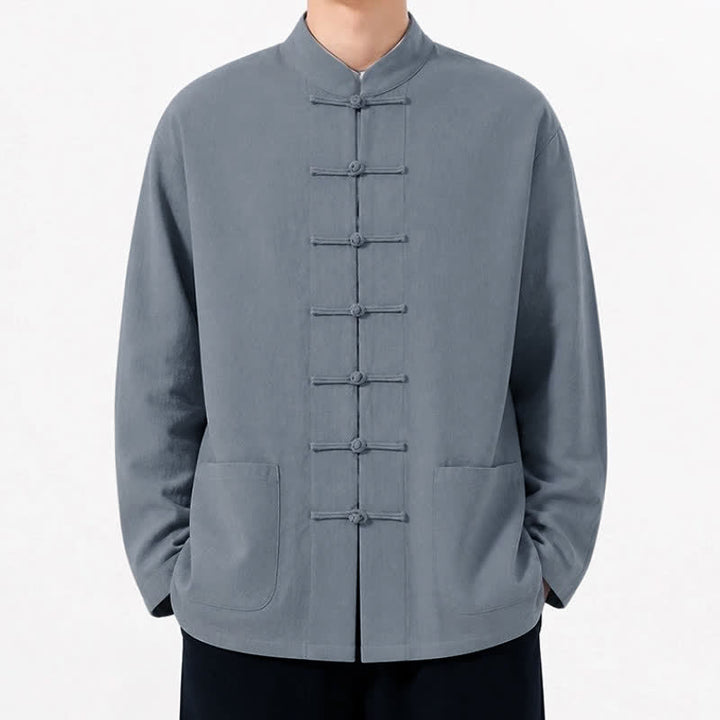 Buddha Stones Spring Fall Tang Style Frog Button Solid Cotton Linen Men's Long Sleeve Shirts With Pockets - image 12