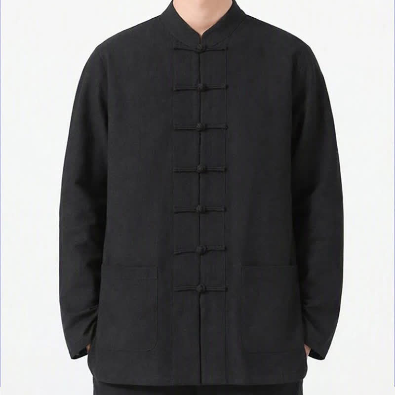 Buddha Stones Spring Fall Tang Style Frog Button Solid Cotton Linen Men's Long Sleeve Shirts With Pockets - image 18