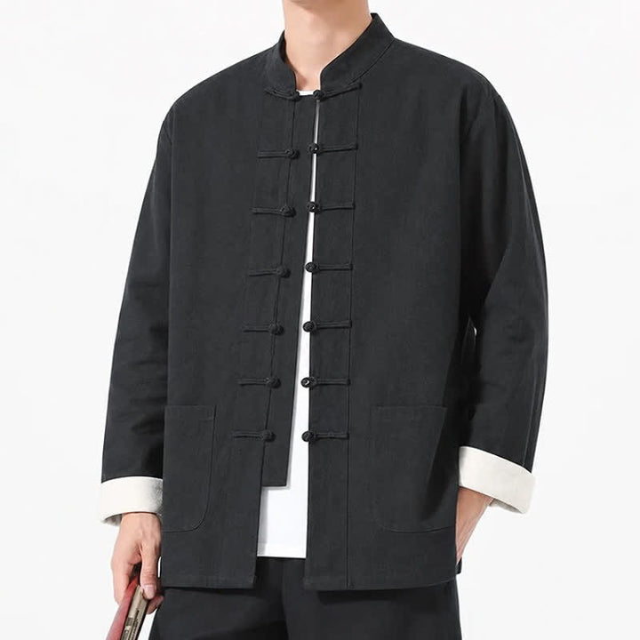 Buddha Stones Spring Fall Casual Tang Style Frog Button Solid Cotton Linen Men's Long Sleeve Shirts With Pockets - image 18