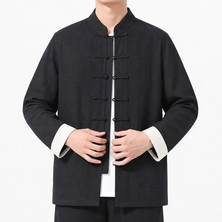 Buddha Stones Spring Fall Casual Tang Style Frog Button Solid Cotton Linen Men's Long Sleeve Shirts With Pockets - image 16