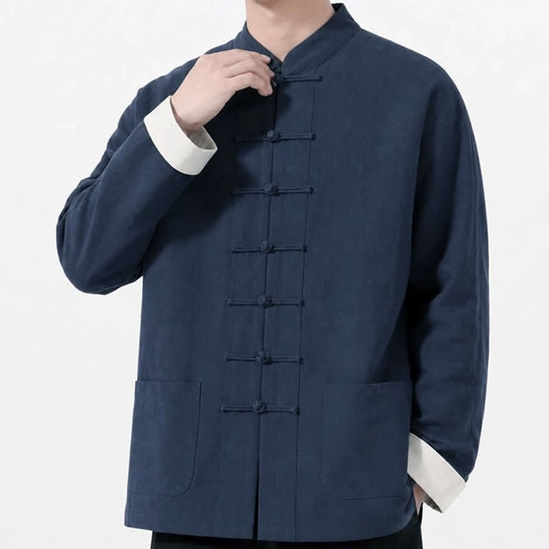 Buddha Stones Spring Fall Casual Tang Style Frog Button Solid Cotton Linen Men's Long Sleeve Shirts With Pockets - image 29