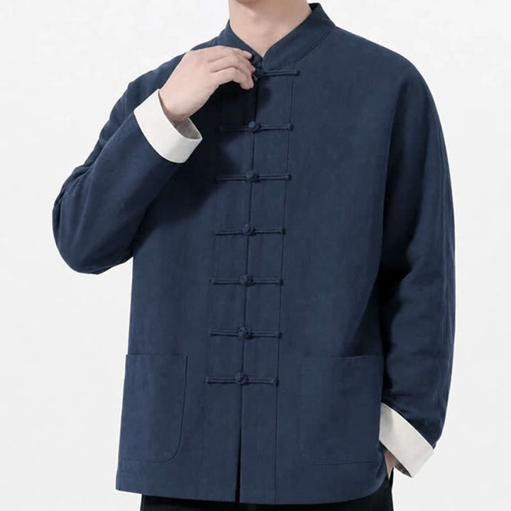 Buddha Stones Spring Fall Casual Tang Style Frog Button Solid Cotton Linen Men's Long Sleeve Shirts With Pockets - image 29