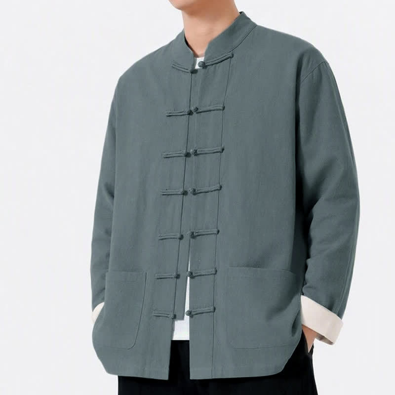 Buddha Stones Spring Fall Casual Tang Style Frog Button Solid Cotton Linen Men's Long Sleeve Shirts With Pockets - image 4