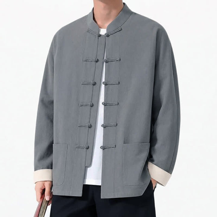 Buddha Stones Spring Fall Casual Tang Style Frog Button Solid Cotton Linen Men's Long Sleeve Shirts With Pockets - image 13