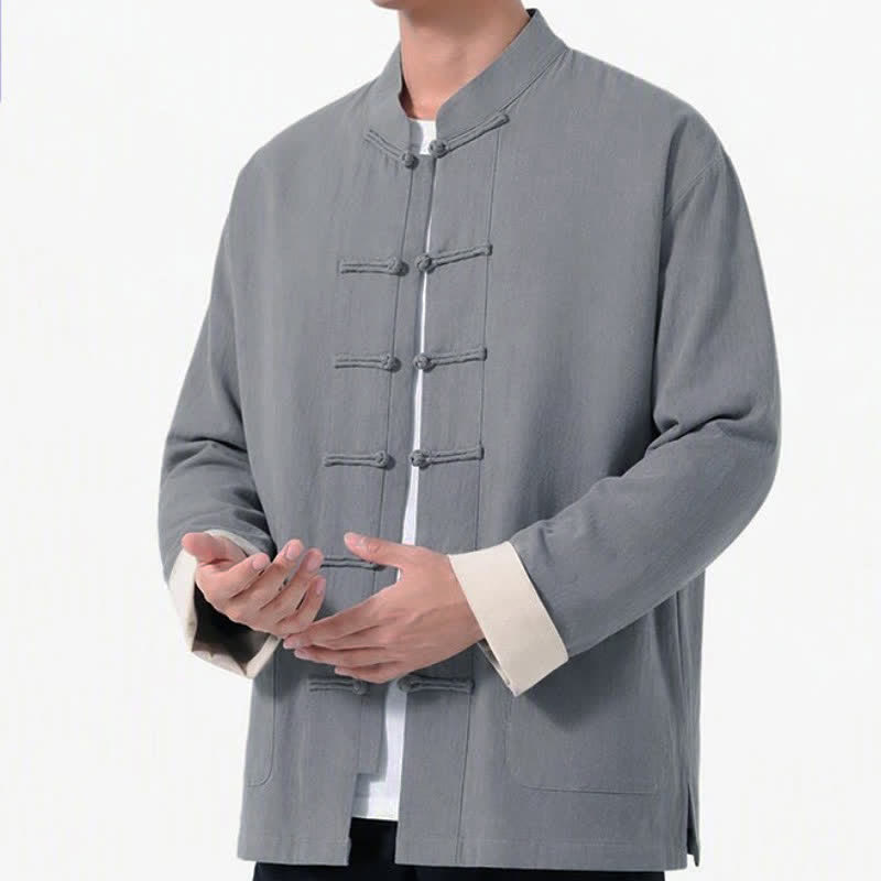 Buddha Stones Spring Fall Casual Tang Style Frog Button Solid Cotton Linen Men's Long Sleeve Shirts With Pockets - image 9