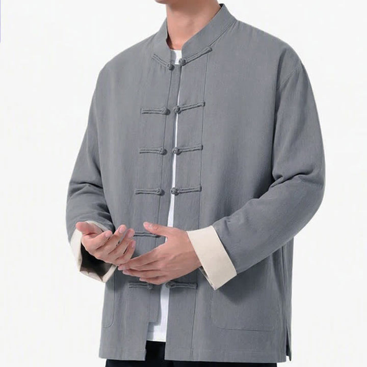 Buddha Stones Spring Fall Casual Tang Style Frog Button Solid Cotton Linen Men's Long Sleeve Shirts With Pockets - image 9