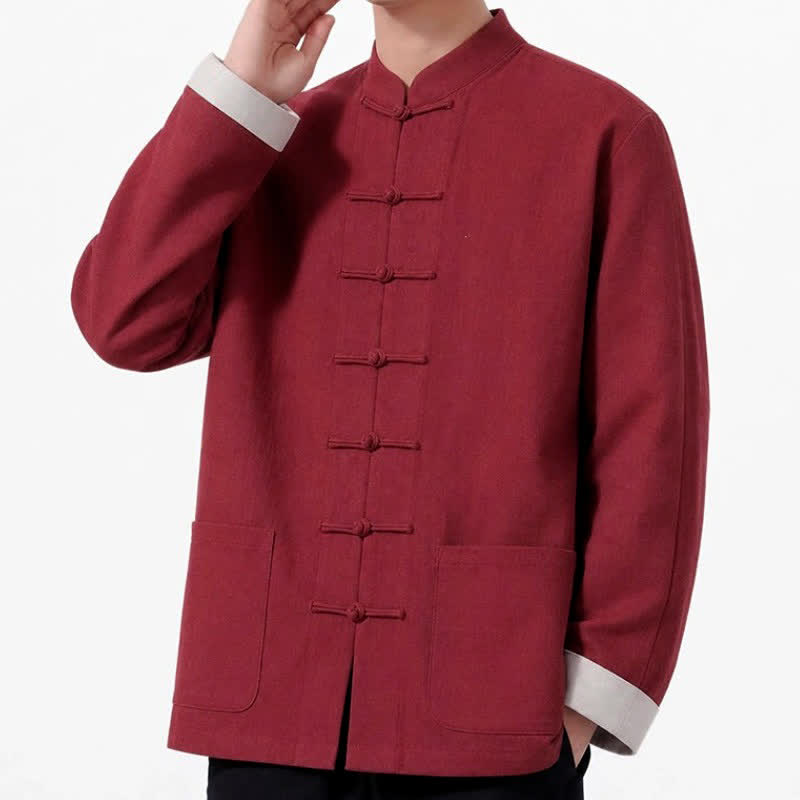 Buddha Stones Spring Fall Casual Tang Style Frog Button Solid Cotton Linen Men's Long Sleeve Shirts With Pockets - image 24