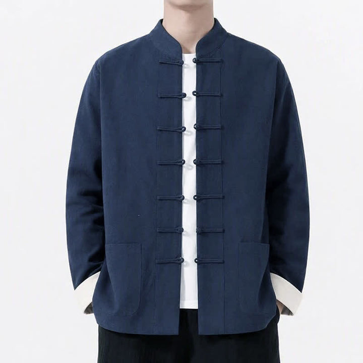 Buddha Stones Spring Fall Casual Tang Style Frog Button Solid Cotton Linen Men's Long Sleeve Shirts With Pockets - image 28