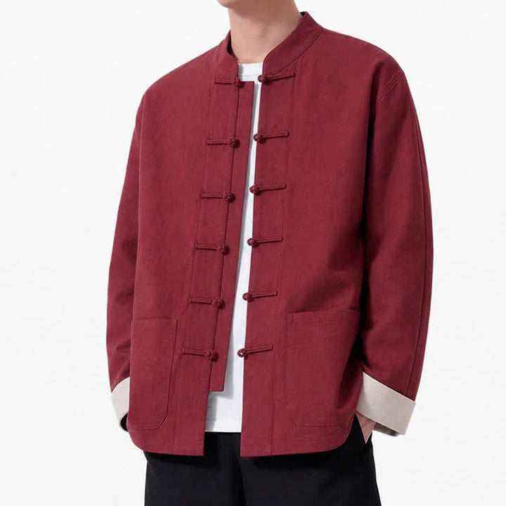 Buddha Stones Spring Fall Casual Tang Style Frog Button Solid Cotton Linen Men's Long Sleeve Shirts With Pockets - FireBrick - US/UK/AU46, EU56 (5XL) - image 21