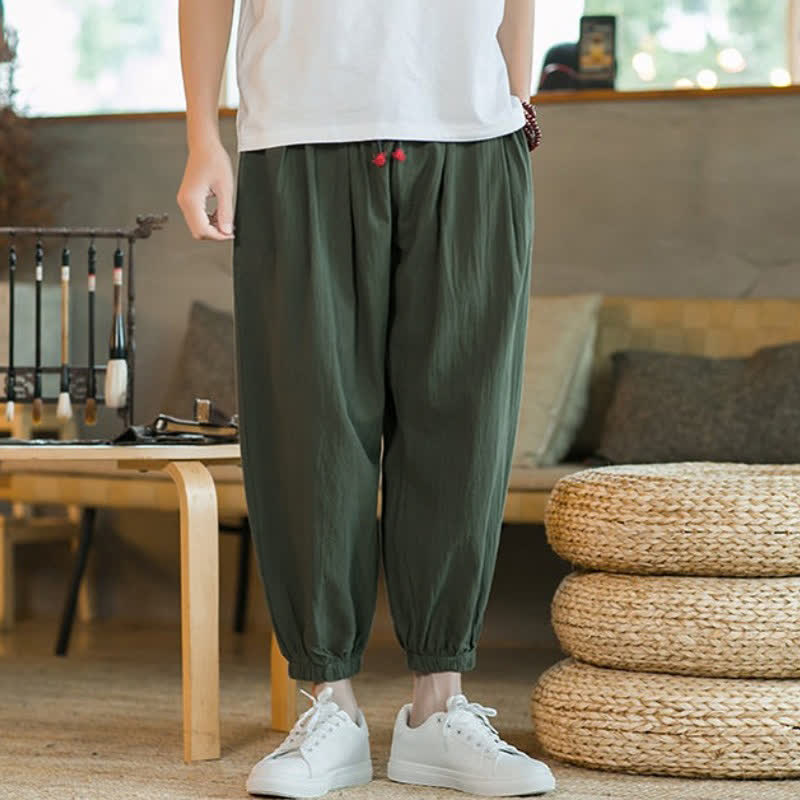 Buddha Stones Fall Winter Casual Minimalist Drawstring Solid Cotton Ankle Pants Men's Tapered Pants With Pockets - image 13