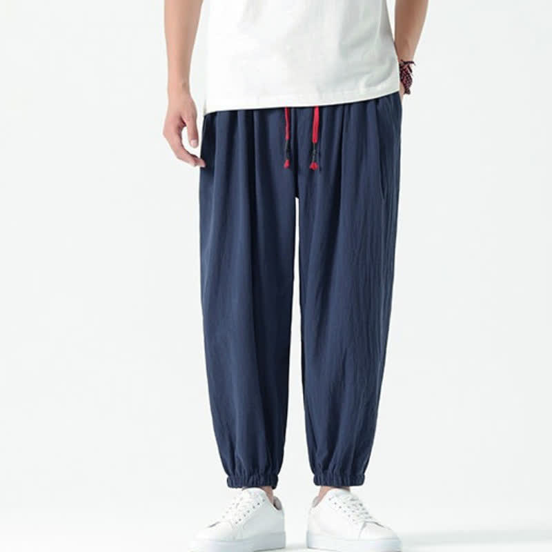 Buddha Stones Fall Winter Casual Minimalist Drawstring Solid Cotton Ankle Pants Men's Tapered Pants With Pockets - image 2