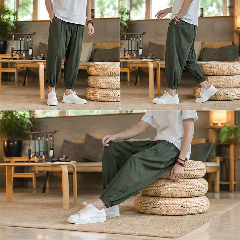 Buddha Stones Fall Winter Casual Minimalist Drawstring Solid Cotton Ankle Pants Men's Tapered Pants With Pockets - image 18