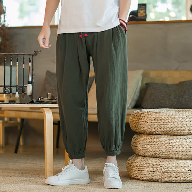 Buddha Stones Fall Winter Casual Minimalist Drawstring Solid Cotton Ankle Pants Men's Tapered Pants With Pockets - DarkOliveGreen - US/UK/AU46, EU56 (5XL) - image 12