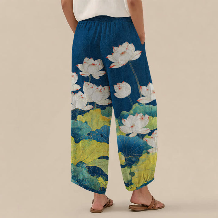 Buddha Stones Cotton Lotus Pond Pattern Pleated Elastic Waist Women's Harem Pants With Pockets - image 2