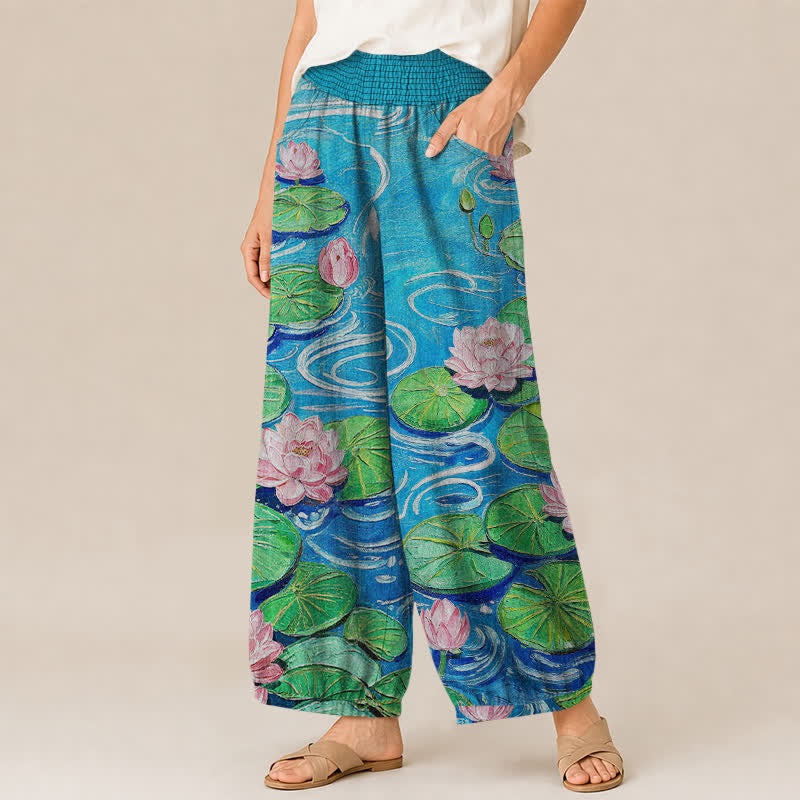Buddha Stones Cotton Pink Lotus Pond Pattern Pleated Elastic Waist Women's Harem Pants With Pockets - image 1