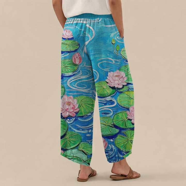 Buddha Stones Cotton Pink Lotus Pond Pattern Pleated Elastic Waist Women's Harem Pants With Pockets - image 2